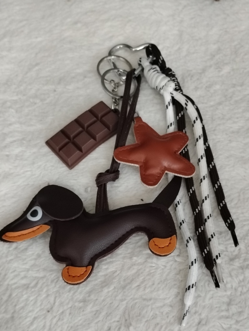 Brown Leather Look Dachshund Keychain Charm with Star & Chocolate Bar